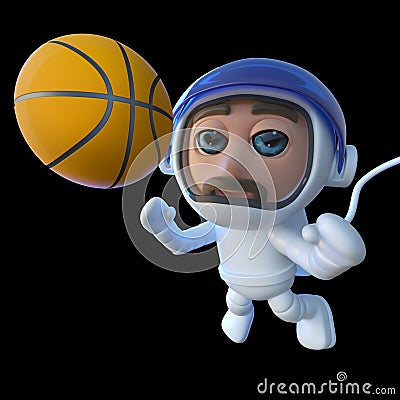 3d Funny cartoon spaceman astronaut character chasing basketball in space Stock Photo