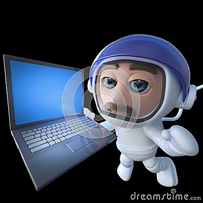 3d Funny cartoon spaceman astronaut character chasing a laptop in space Stock Photo