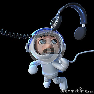 3d Funny cartoon spaceman astronaut chasing a pair of headphones in space Stock Photo