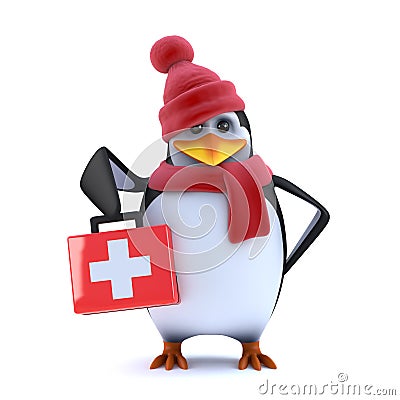 3d Funny cartoon winter penguin has a first aid kit Stock Photo