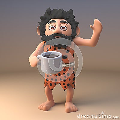 3d funny caveman cartoon character drinking a cup of tea or coffee, 3d illustration Cartoon Illustration