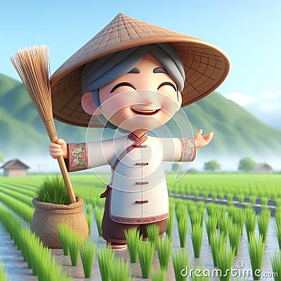 3D funny chinese farmer cartoon in rice fields. AI generated Stock Photo