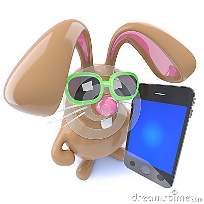 3d Funny chocolate Easter bunny rabbit holding a smartphone Stock Photo