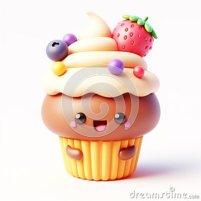 3D funny cupcake, muffin cartoon. AI generated Stock Photo