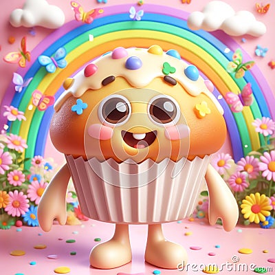 3D funny cupcake, muffin cartoon. AI generated Stock Photo