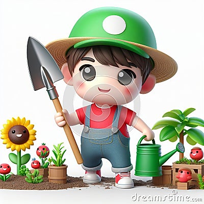 3D funny gardener cartoon. Green space workers. AI generated Stock Photo