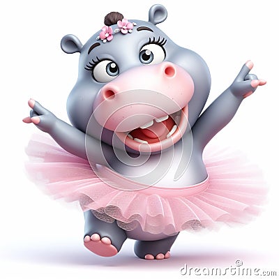 3D funny hippo ballerina cartoon. Art and culture for children's illustrations. AI generated Cartoon Illustration