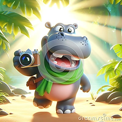 3D funny hippo cartoon. Wild animals for children's illustrations. AI generated Cartoon Illustration