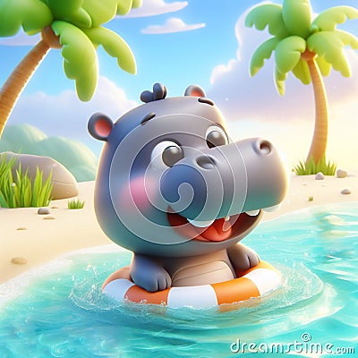 3D funny hippo cartoon. Wild animals for children's illustrations. AI generated Cartoon Illustration