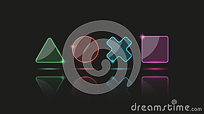 3d game buttons play control gamer joystick console, neon glass icons with shadows and reflection at the bottom on player fan dark Vector Illustration