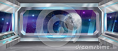 Space ship cockpit interior, shuttle window moon view, vector futuristic alien spacecraft background. Vector Illustration