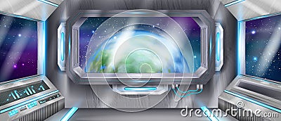 Space ship cockpit interior, vector futuristic alien spacecraft background, shuttle window Earth view. Vector Illustration