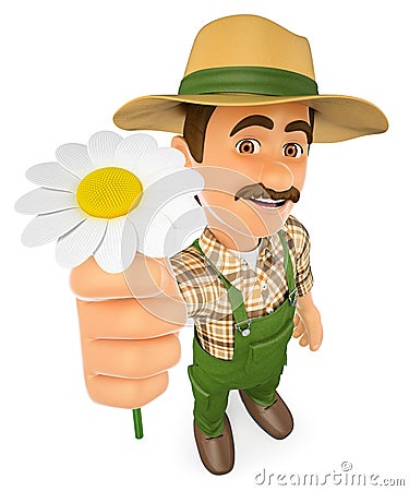 3D Gardener with a daisy. Spring Cartoon Illustration