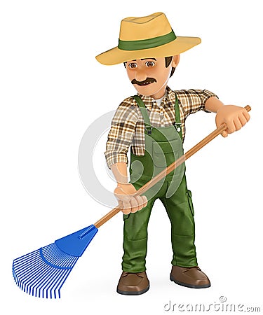 3D Gardener working with a rake Cartoon Illustration