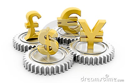 3d gear with global currency Stock Photo