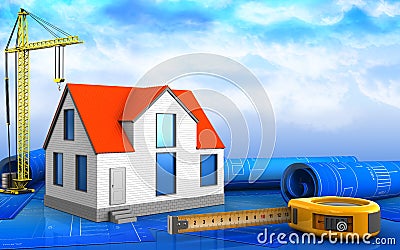 3d generic house with crane Cartoon Illustration