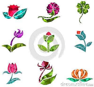 3D geometric polygon jewelry of creative crystal flower flora such as lotus daisy tulip rose clover icon gem collection set Vector Illustration