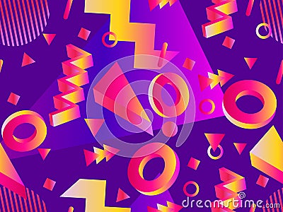 3D geometric seamless pattern in 80s style. 3d isometric shapes with gradient colors. Geometric memphis style. Design for Vector Illustration