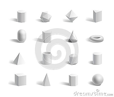 3d geometric shapes and figures. Sphere, tube, cone, cube, pyramids, hexagon and pentagon set Vector Illustration