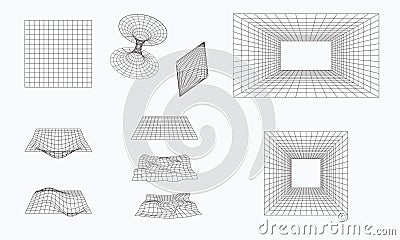 3D geometry wireframe shapes and grids on white background. Retro futuristic design elements. Cyberpunk elements in trendy Vector Illustration