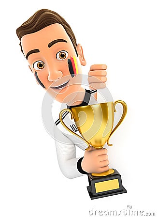 3d german soccer fan behind left wall and holding trophy cup Cartoon Illustration