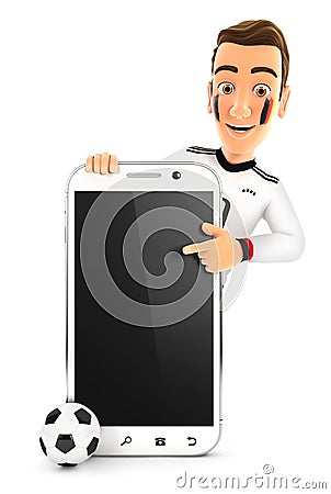 3d german soccer fan pointing to blank smartphone Cartoon Illustration