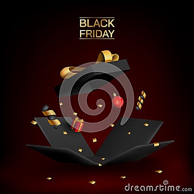 3d gift, black friday box. Open prize giftbox, happy festive prize render. Gold ribbons and confetti, realistic birthday Vector Illustration