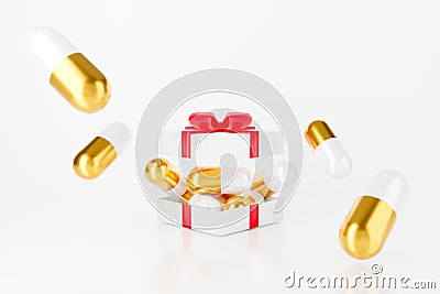 3d gift box with gold capsule pill and red bow. Surprise inside open gift box isolated on white background abstract. 3d rendering Stock Photo