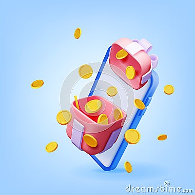 3D Gift Box in Smartphone Isolated Vector Illustration