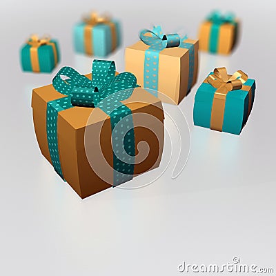 3d Gifts christmas brown gold. Stock Photo