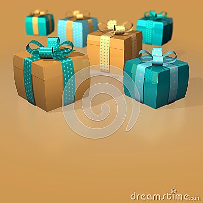 3d Gifts christmas brown gold. Stock Photo