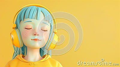 3d girl with blue hair in headphones listening to the music. Streaming audio services. Yellow background Stock Photo