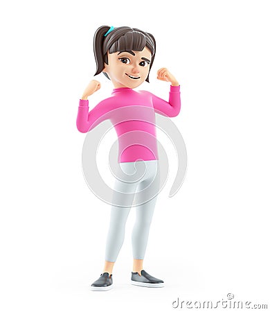 3d girl flexing arm muscles Cartoon Illustration