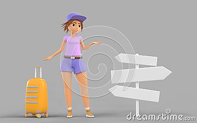 3D Girl tourist with yellow suitcase stand on crossroad with direction signs. Cartoon illustration of young woman Cartoon Illustration