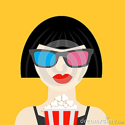 3D glasses and big popcorn. Brunet girl at the Cinema theatre Black dress Flat dsign style icon. Vector Illustration