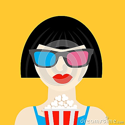 3D glasses and big popcorn. Brunet girl at the Cinema theatre Flat style icon. Vector Illustration