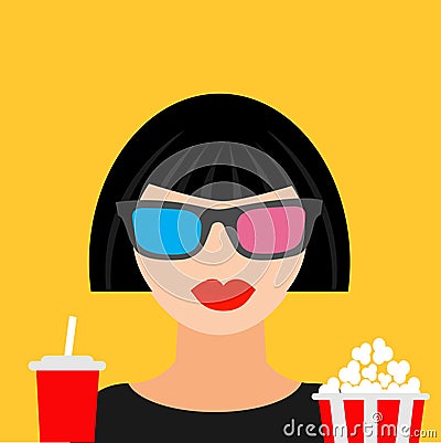 3D glasses big popcorn and soda. Brunet girl at Vector Illustration