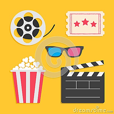 3D glasses Movie reel Open clapper board Popcorn Ticket Cinema icon set. Vector Illustration