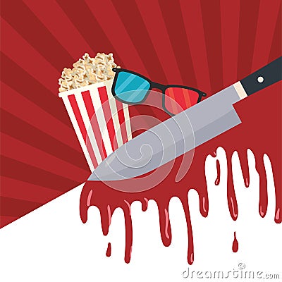 3d glasses with pop corn and knife blood Vector Illustration