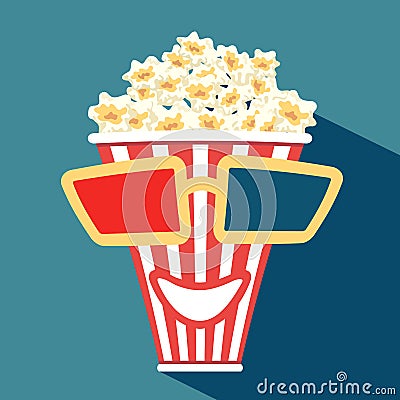 3d glasses put on a box with popcorn Vector Illustration