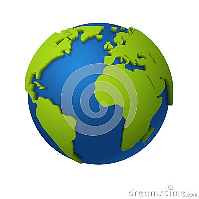 3d globe. Round world map with green continents and blue oceans, america africa and europe, earth planet in space Vector Illustration