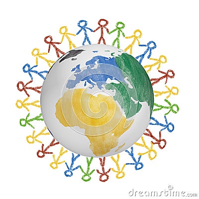 3D Globe with the view on america with drawn people holding hands. Concept for friendship, globalization, communication Stock Photo