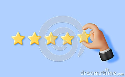 3D Glossy Yellow Five Stars Rating with Hand Vector Illustration