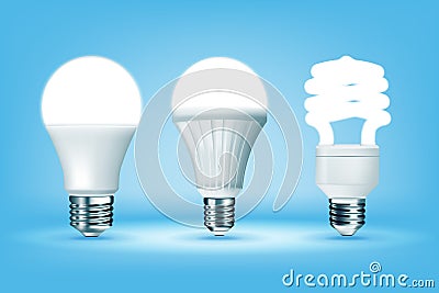 3D glowing CFL and LED light bulbs on blue background, realistic style. Idea, creativity and innovation concept Vector Illustration
