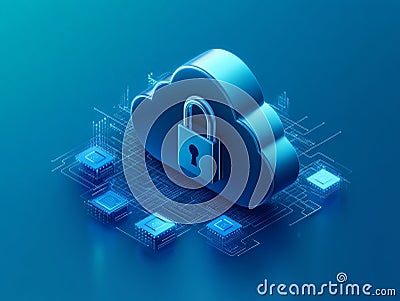3D glowing cloud icon with a central lock resting on a digital platform, representing secure data storage, encrypted cloud tech Cartoon Illustration