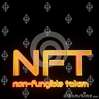 3d glowing nft lettering and ethereum symbols on black background. crypto art concept. 3d render illustration Stock Photo