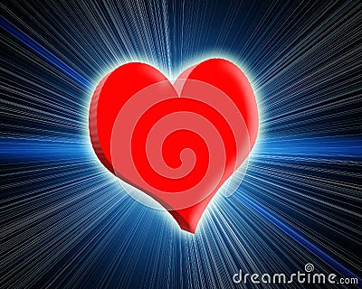 3d glowing red heart. Rays and glow around. Stock Photo