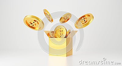 3d gold bank. 3d rendering for jackpot winner, casino poker and budget concept. Dollar cash money box symbol. Surprise inside open Stock Photo