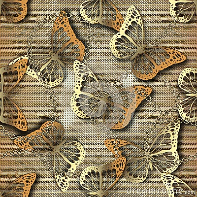 3d gold butterflies seamless pattern. Vector ornamental grunge background. Repeat grungy backdrop. Vintage golden flying Vector Illustration