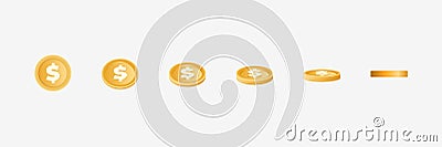 3d gold coin, money icon with dollar sign different angles view. Casino reward, stack of cash, round flying in motion Vector Illustration